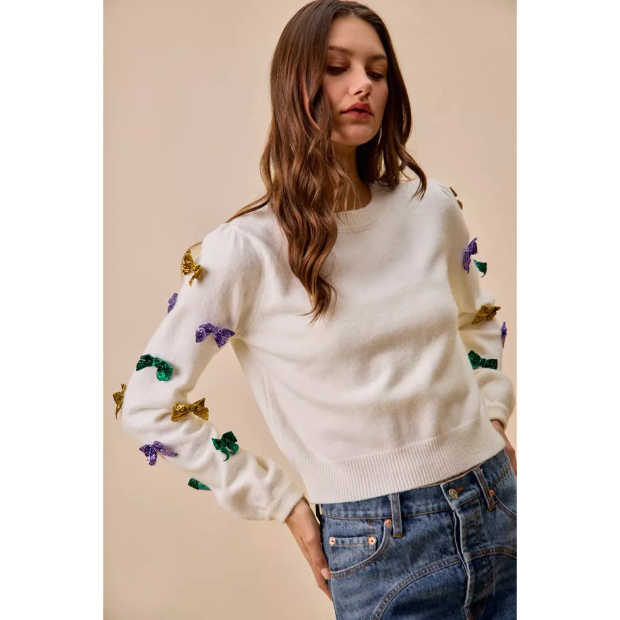 SO ME Mardi Gras Glitter Bow Ribbon Sweater Knit Top Apparel and Accessories