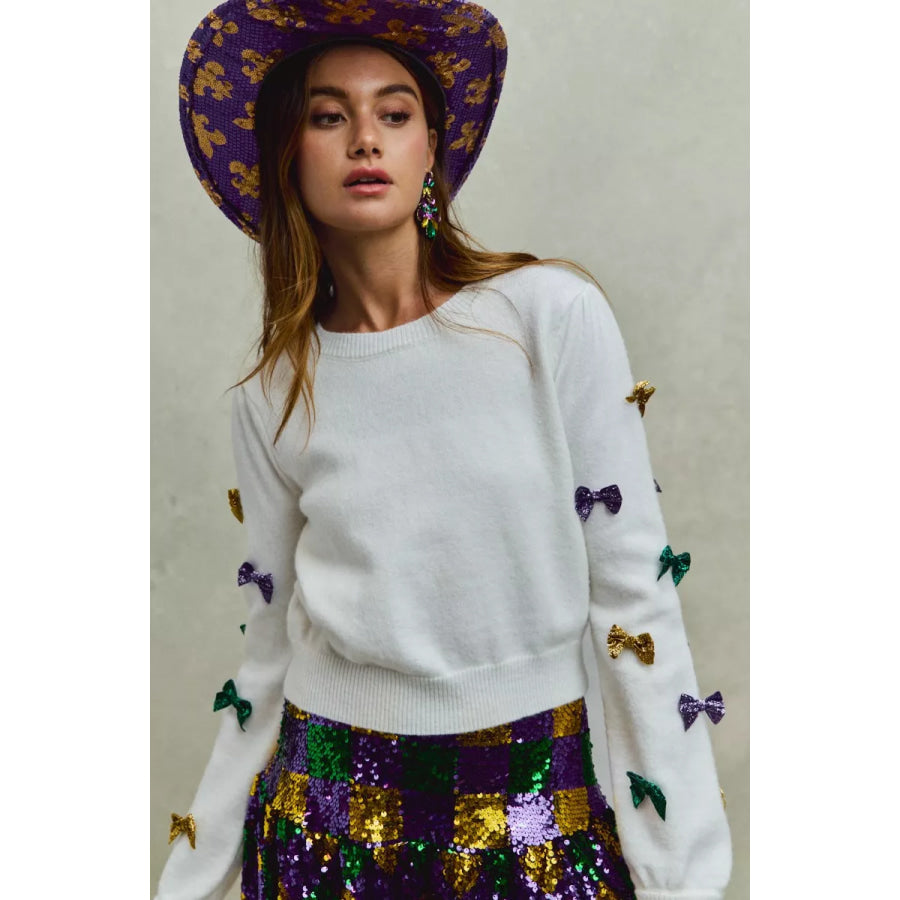 SO ME Mardi Gras Glitter Bow Ribbon Sweater Knit Top Apparel and Accessories