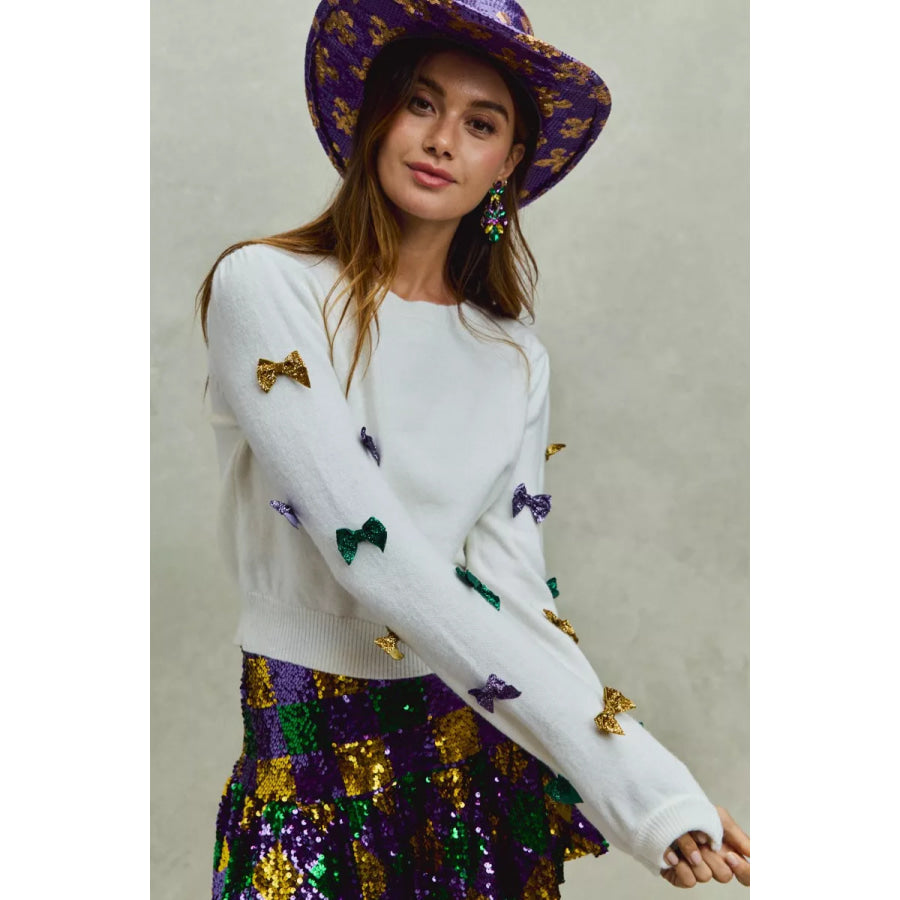 SO ME Mardi Gras Glitter Bow Ribbon Sweater Knit Top Apparel and Accessories