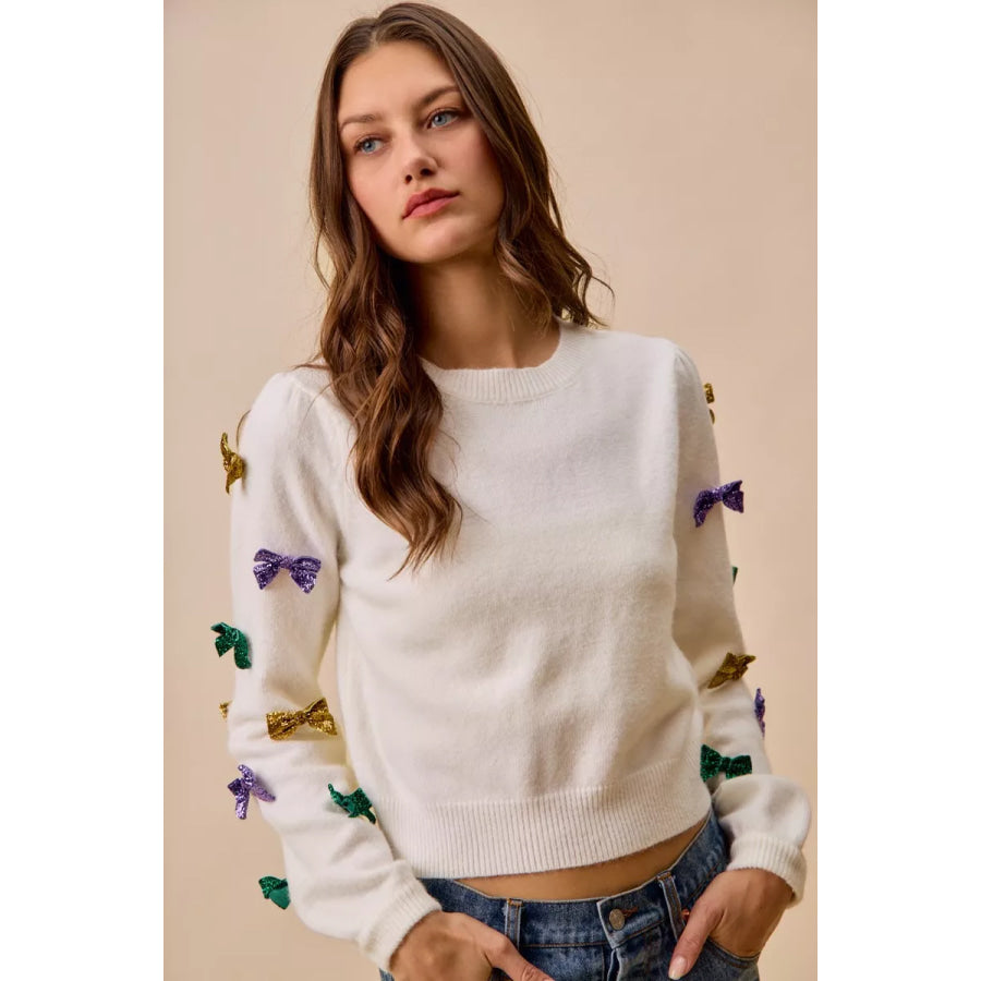 SO ME Mardi Gras Glitter Bow Ribbon Sweater Knit Top Apparel and Accessories
