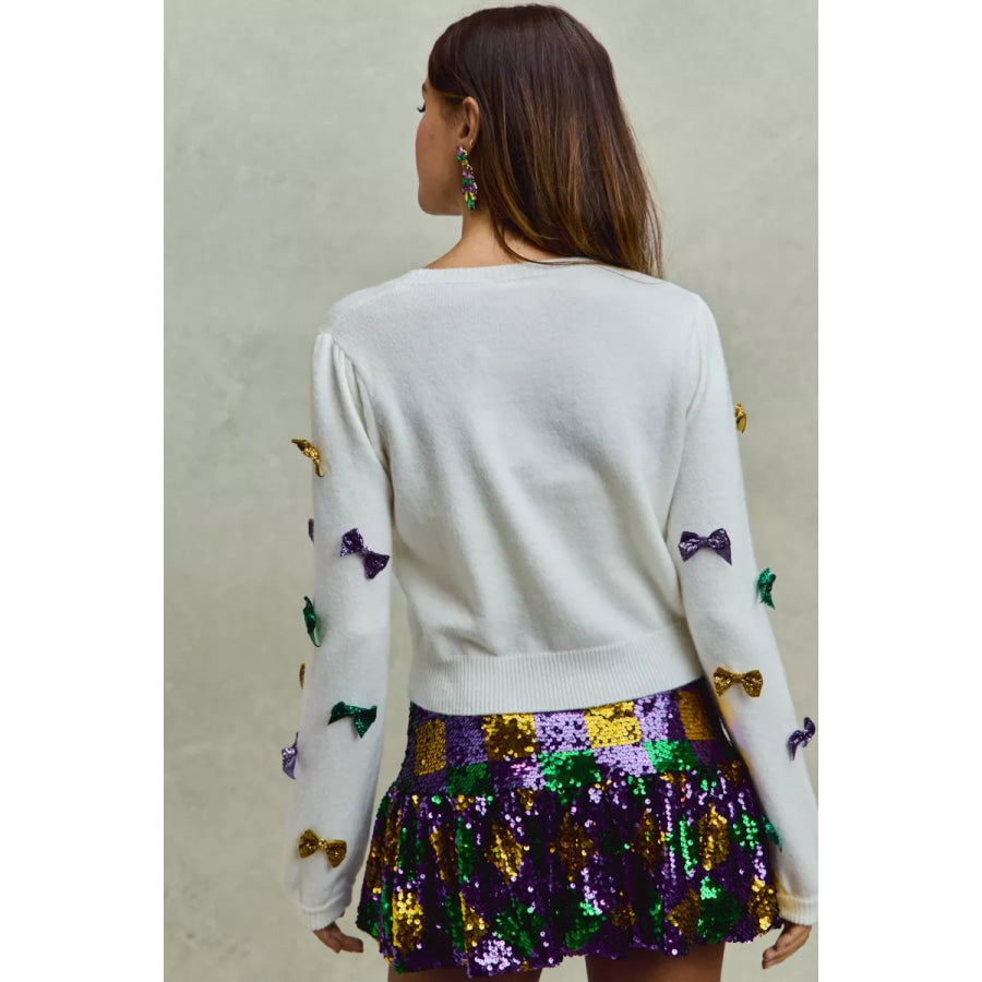 SO ME Mardi Gras Glitter Bow Ribbon Sweater Knit Top Apparel and Accessories