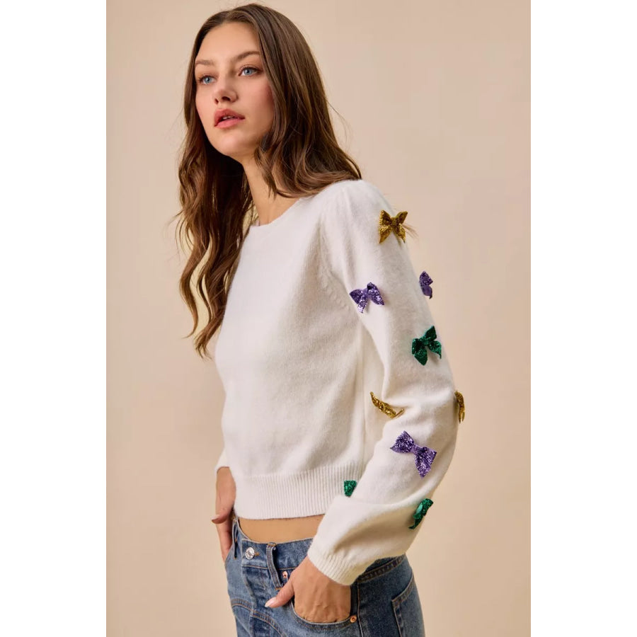 SO ME Mardi Gras Glitter Bow Ribbon Sweater Knit Top Apparel and Accessories