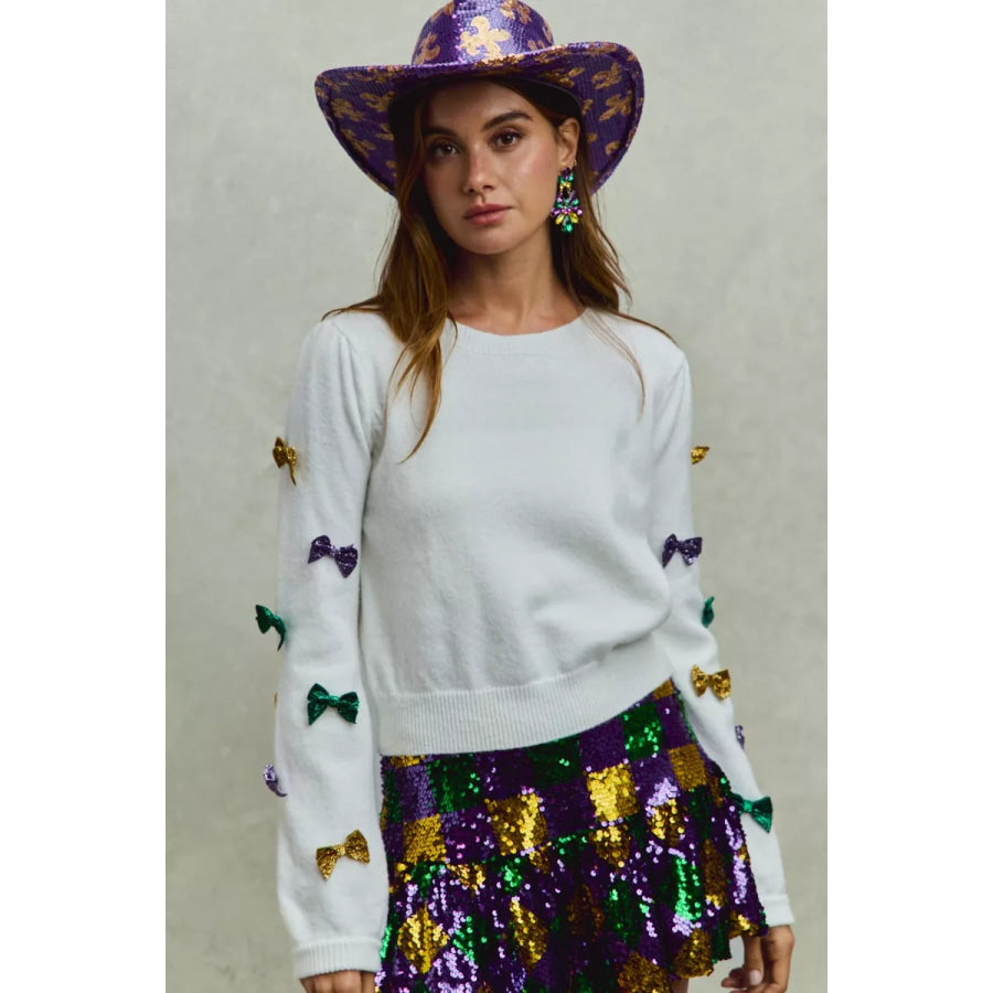SO ME Mardi Gras Glitter Bow Ribbon Sweater Knit Top Apparel and Accessories