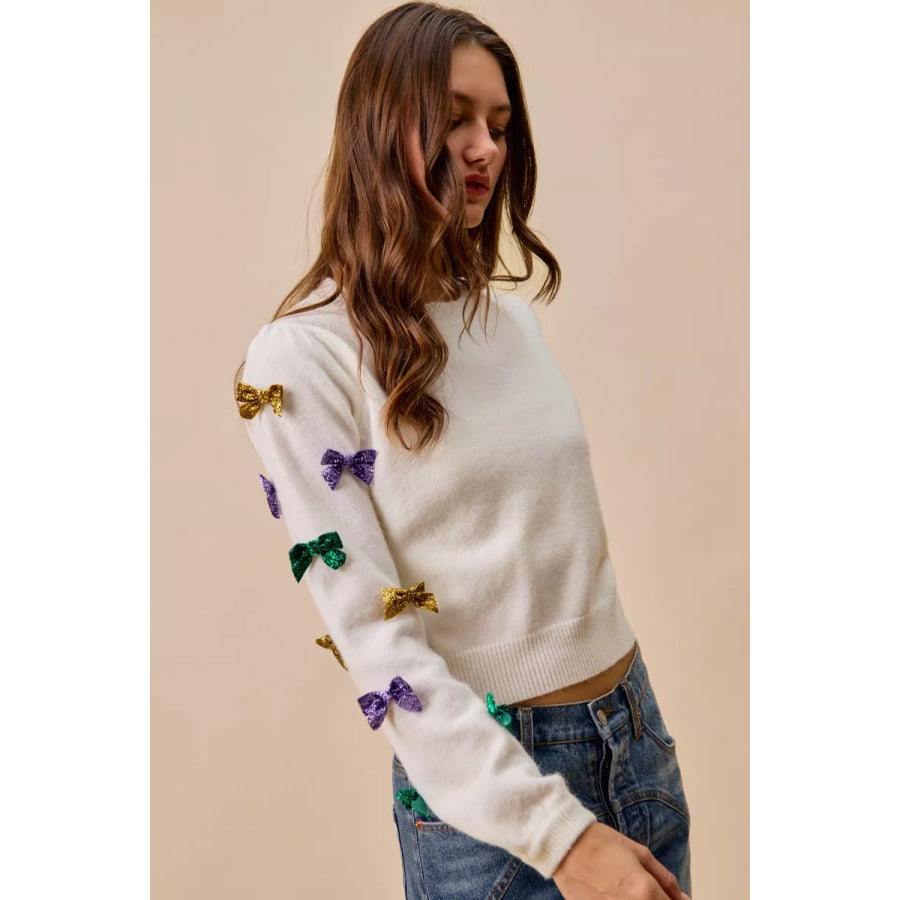 SO ME Mardi Gras Glitter Bow Ribbon Sweater Knit Top Apparel and Accessories