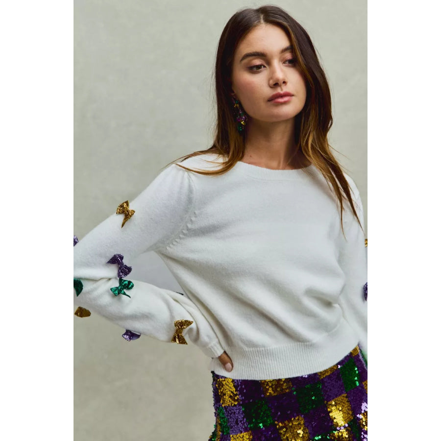 SO ME Mardi Gras Glitter Bow Ribbon Sweater Knit Top Apparel and Accessories