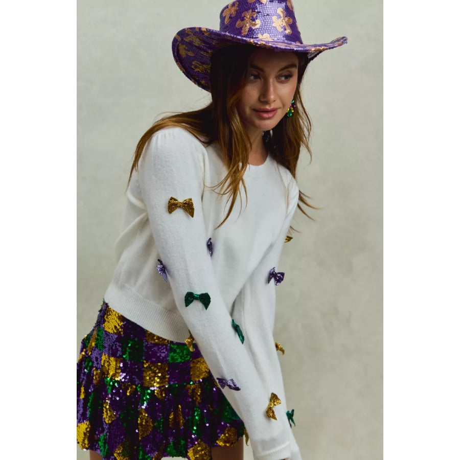 SO ME Mardi Gras Glitter Bow Ribbon Sweater Knit Top Apparel and Accessories