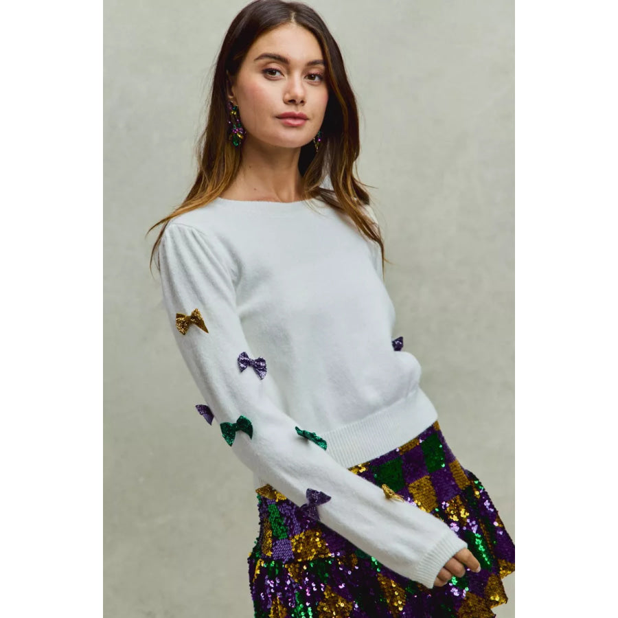SO ME Mardi Gras Glitter Bow Ribbon Sweater Knit Top Apparel and Accessories