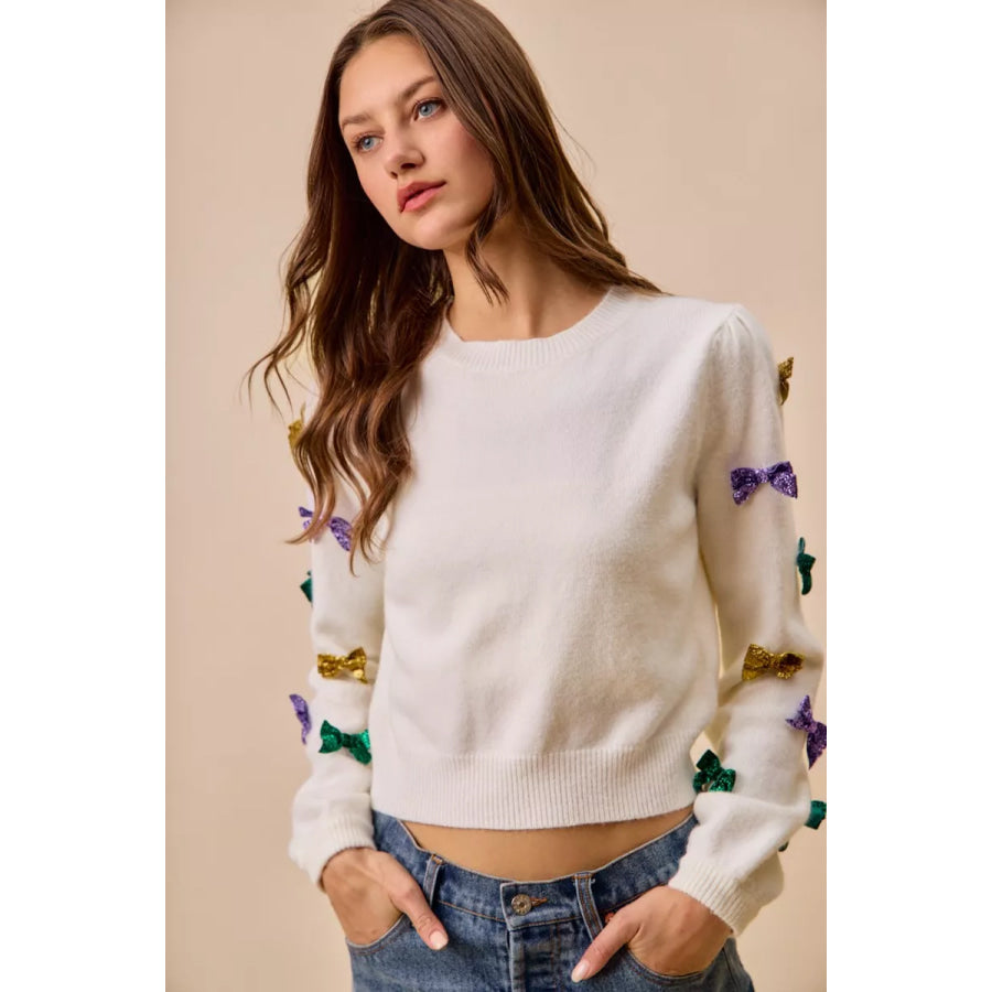SO ME Mardi Gras Glitter Bow Ribbon Sweater Knit Top Apparel and Accessories