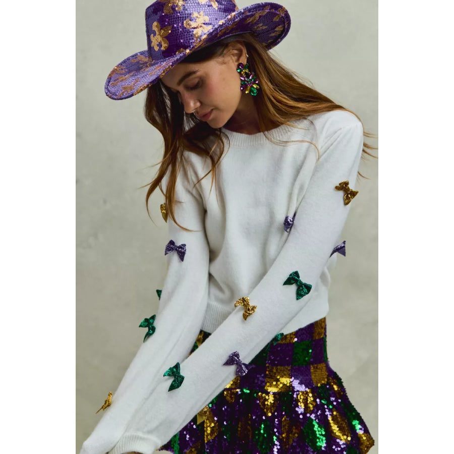 SO ME Mardi Gras Glitter Bow Ribbon Sweater Knit Top Apparel and Accessories