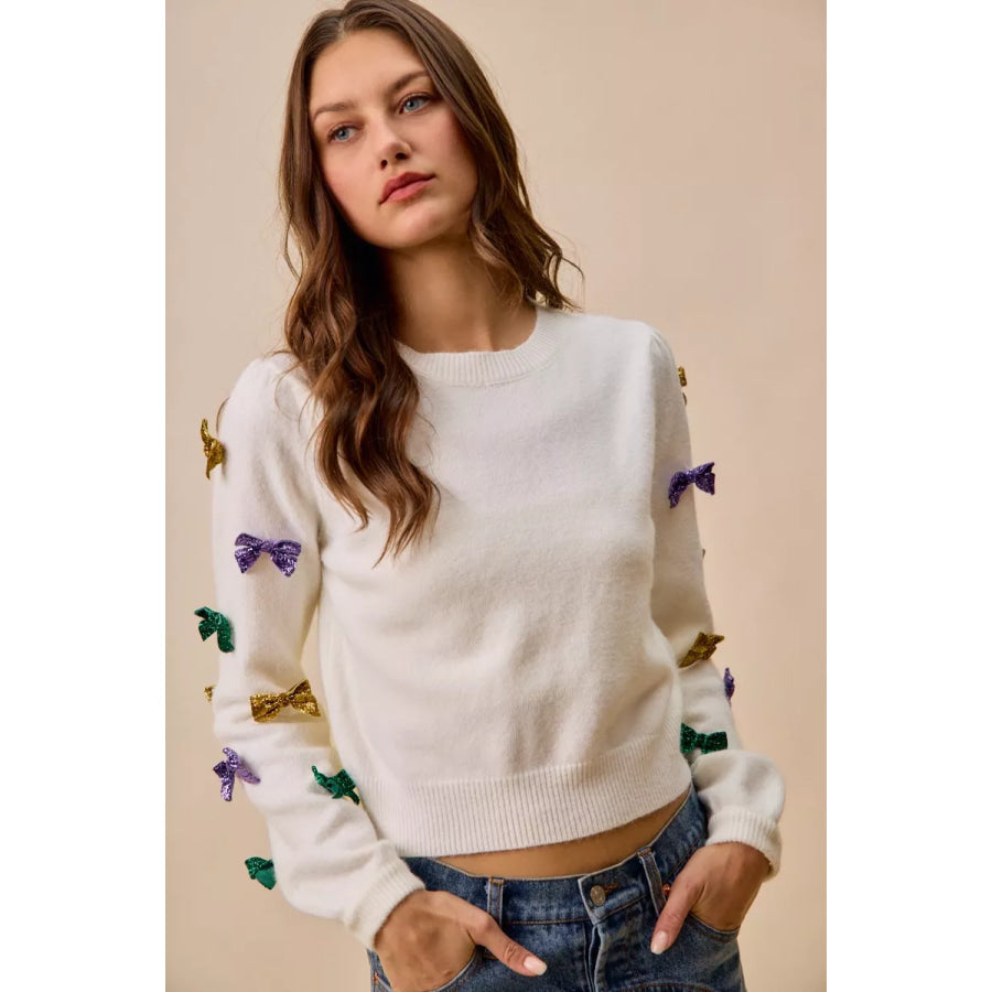 SO ME Mardi Gras Glitter Bow Ribbon Sweater Knit Top Apparel and Accessories