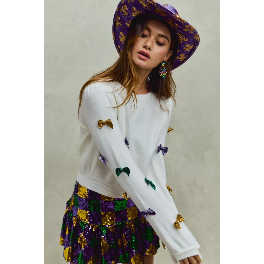 SO ME Mardi Gras Glitter Bow Ribbon Sweater Knit Top Apparel and Accessories