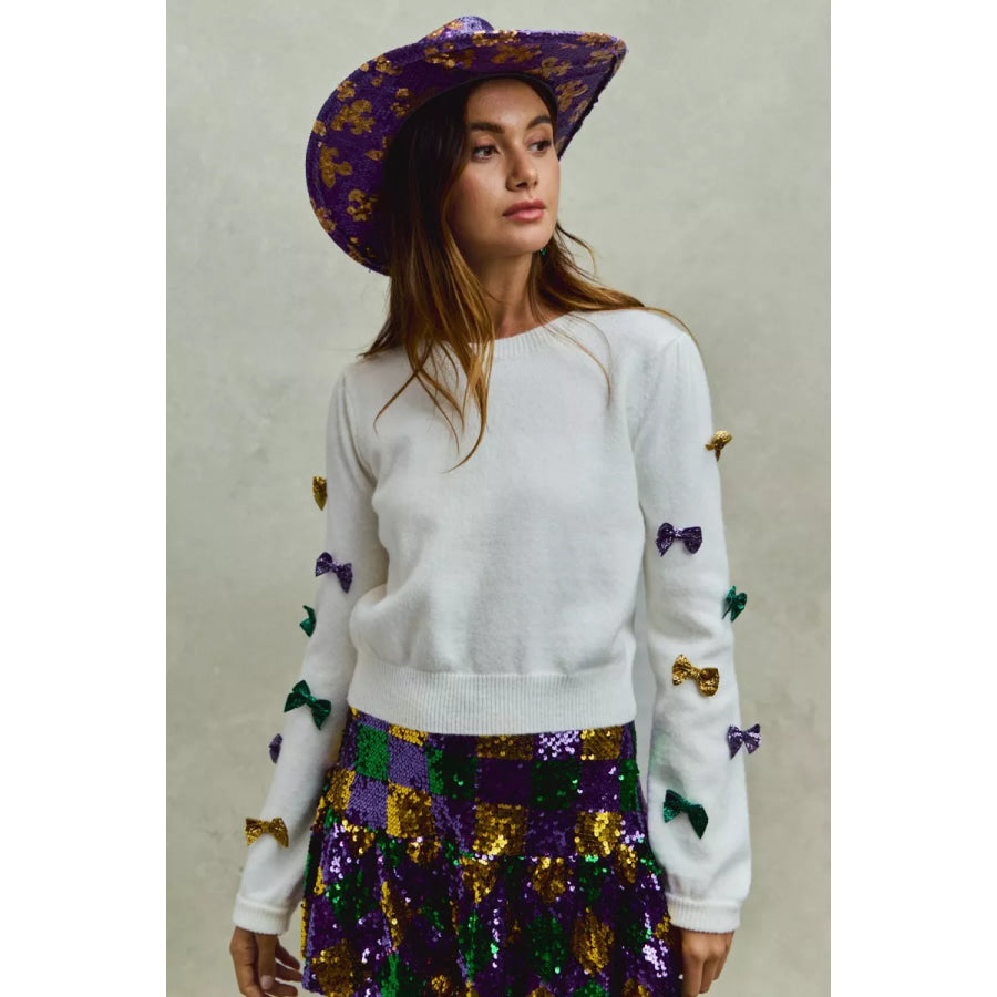 SO ME Mardi Gras Glitter Bow Ribbon Sweater Knit Top Apparel and Accessories
