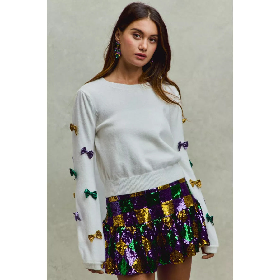 SO ME Mardi Gras Glitter Bow Ribbon Sweater Knit Top Apparel and Accessories