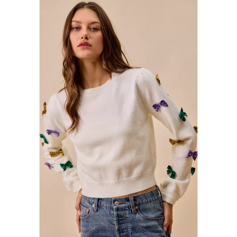 SO ME Mardi Gras Glitter Bow Ribbon Sweater Knit Top Apparel and Accessories