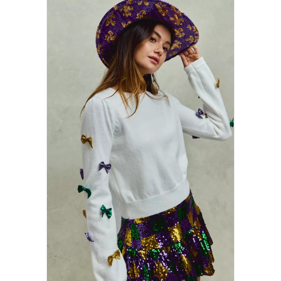 SO ME Mardi Gras Glitter Bow Ribbon Sweater Knit Top Apparel and Accessories