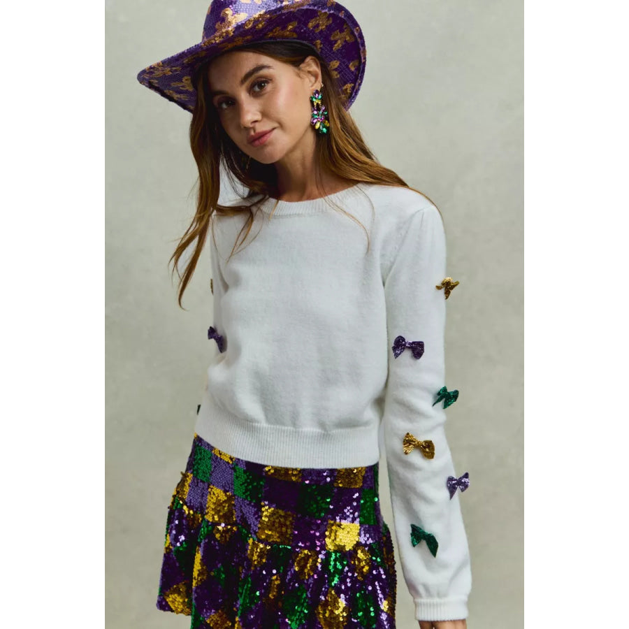 SO ME Mardi Gras Glitter Bow Ribbon Sweater Knit Top Apparel and Accessories