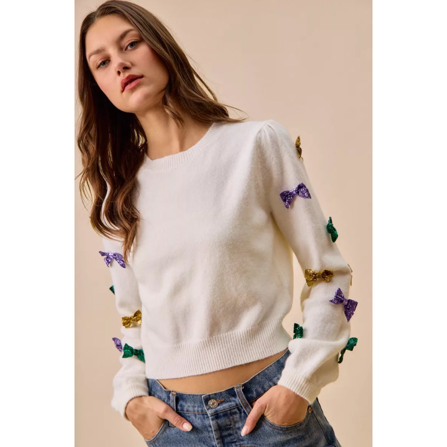 SO ME Mardi Gras Glitter Bow Ribbon Sweater Knit Top Apparel and Accessories