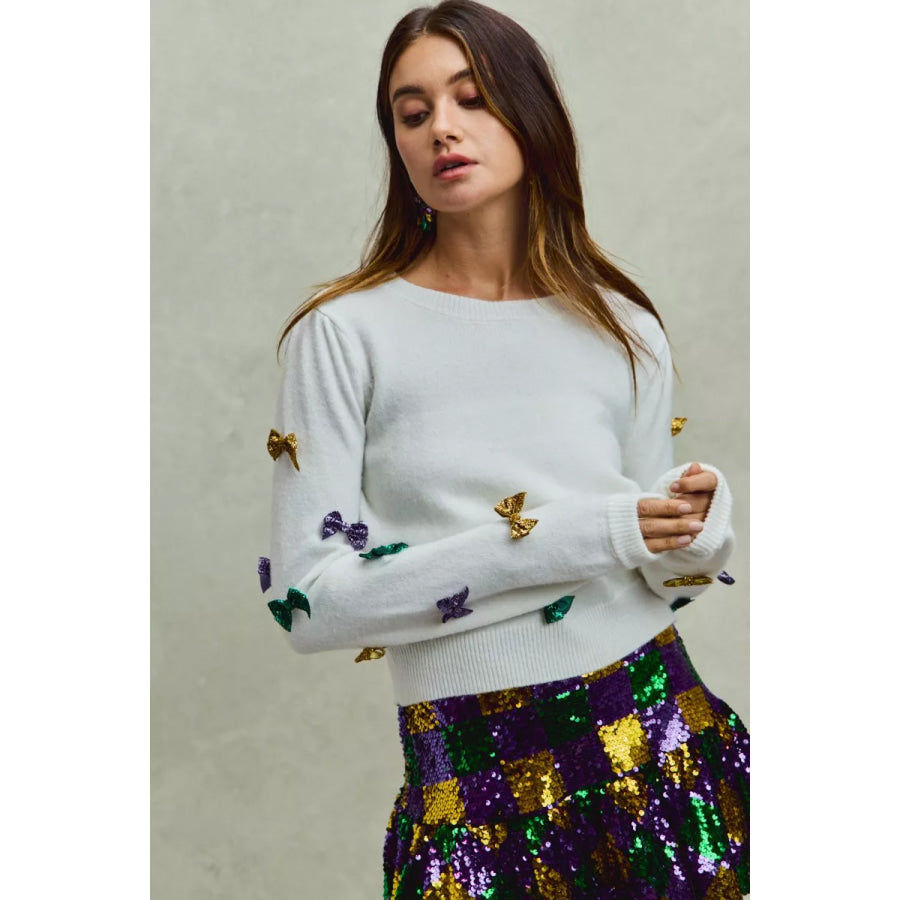 SO ME Mardi Gras Glitter Bow Ribbon Sweater Knit Top Apparel and Accessories