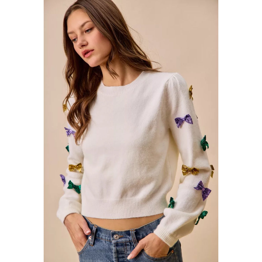 SO ME Mardi Gras Glitter Bow Ribbon Sweater Knit Top Apparel and Accessories