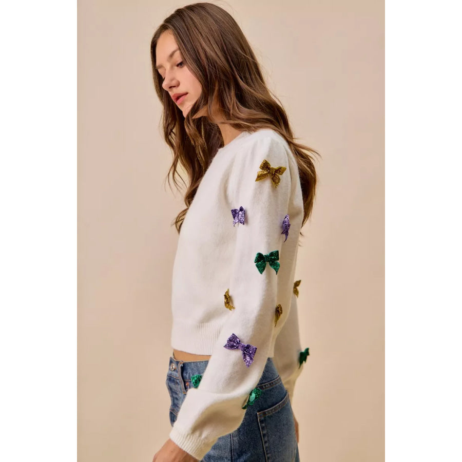 SO ME Mardi Gras Glitter Bow Ribbon Sweater Knit Top Apparel and Accessories