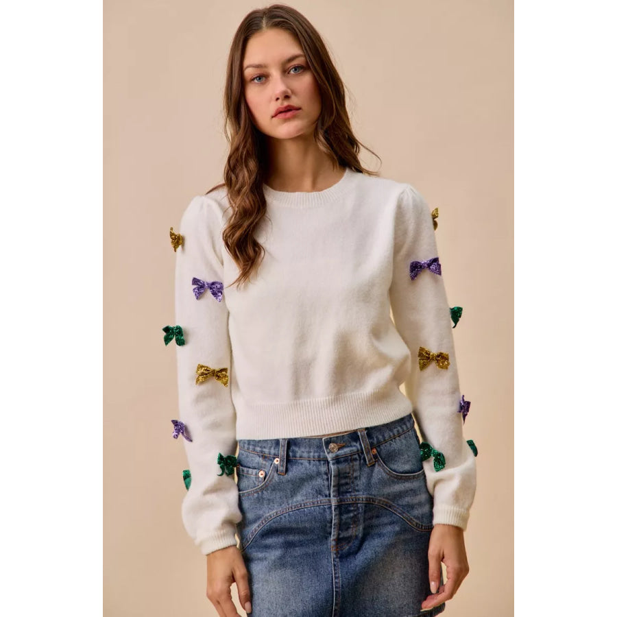SO ME Mardi Gras Glitter Bow Ribbon Sweater Knit Top IVORY / S Apparel and Accessories
