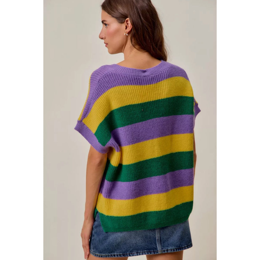 SO ME Mardi Gras Loose Fit V Neck Stripe Sweater Top Apparel and Accessories