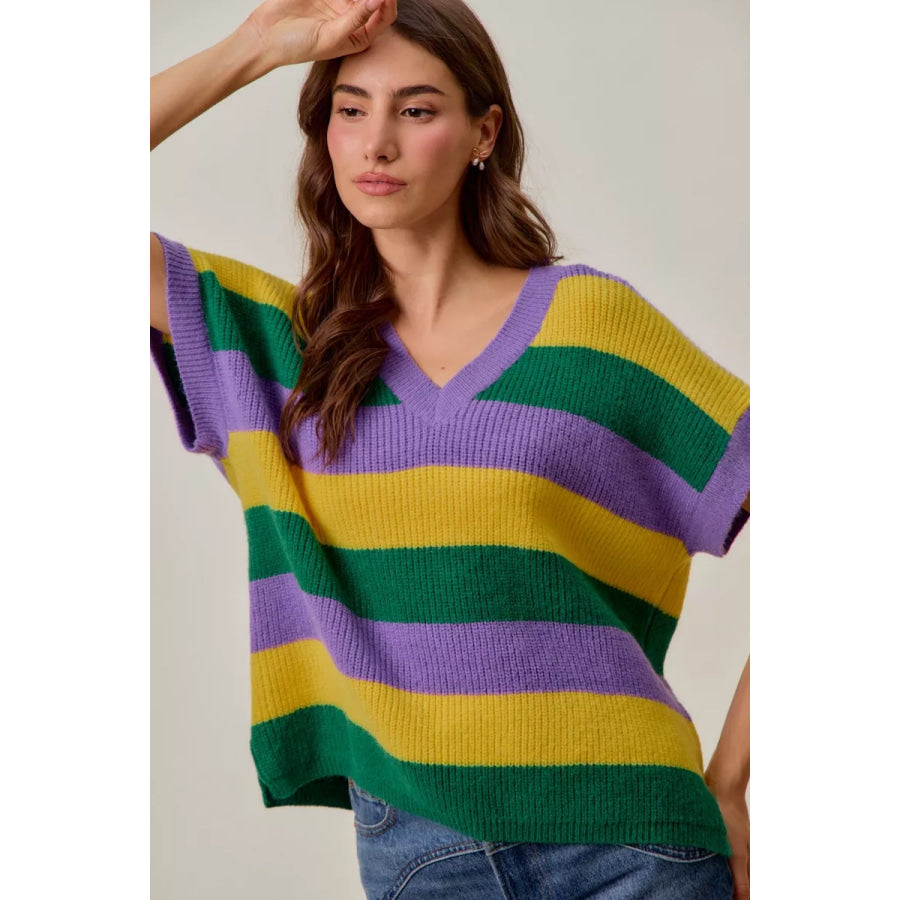 SO ME Mardi Gras Loose Fit V Neck Stripe Sweater Top Apparel and Accessories