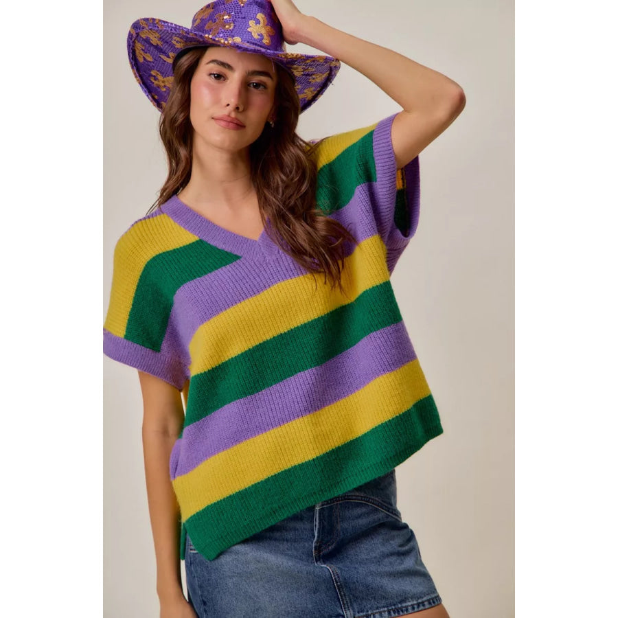 SO ME Mardi Gras Loose Fit V Neck Stripe Sweater Top Apparel and Accessories