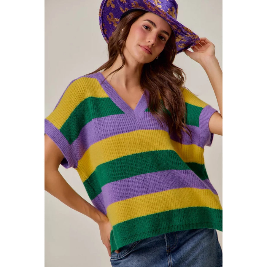 SO ME Mardi Gras Loose Fit V Neck Stripe Sweater Top Apparel and Accessories