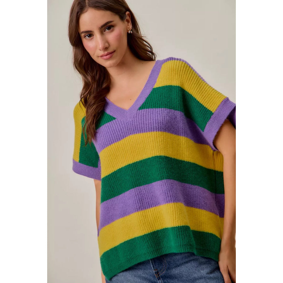 SO ME Mardi Gras Loose Fit V Neck Stripe Sweater Top Apparel and Accessories