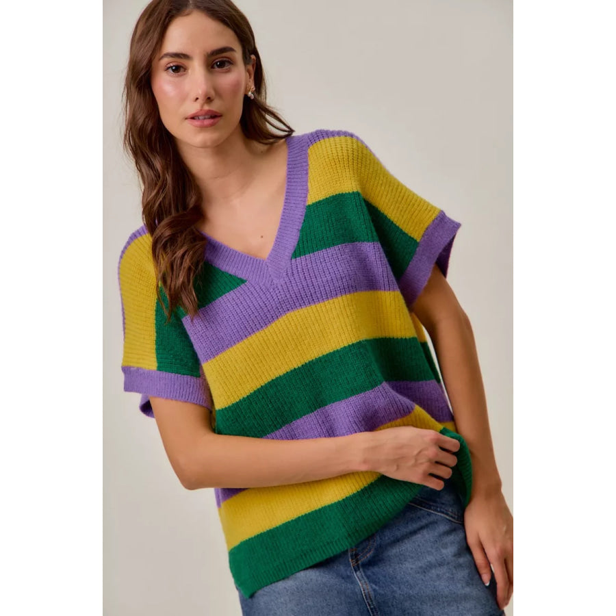 SO ME Mardi Gras Loose Fit V Neck Stripe Sweater Top Apparel and Accessories