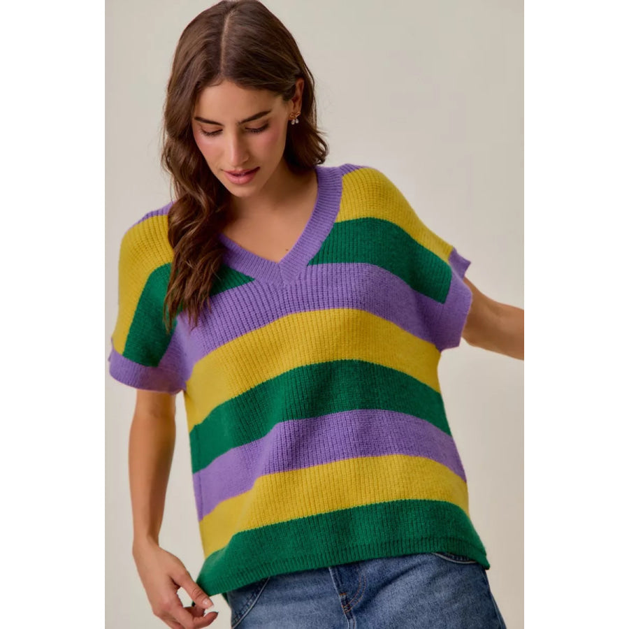 SO ME Mardi Gras Loose Fit V Neck Stripe Sweater Top Apparel and Accessories