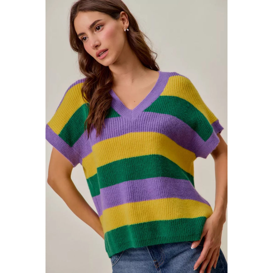 SO ME Mardi Gras Loose Fit V Neck Stripe Sweater Top Apparel and Accessories
