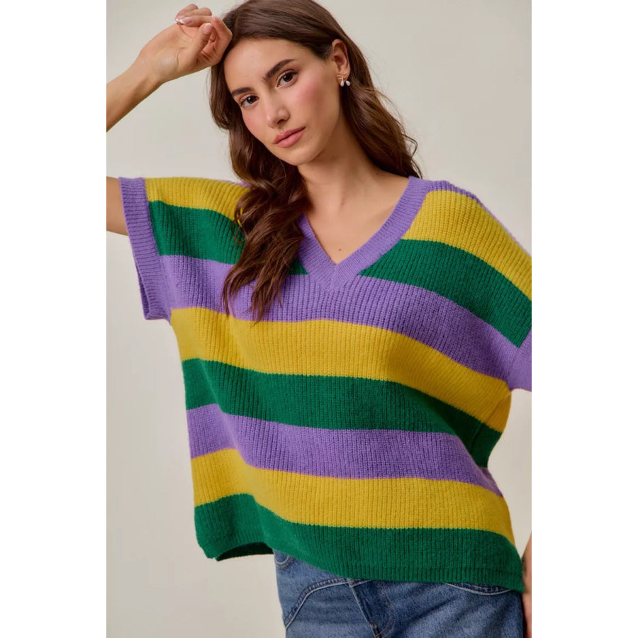 SO ME Mardi Gras Loose Fit V Neck Stripe Sweater Top Apparel and Accessories