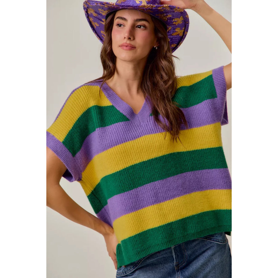 SO ME Mardi Gras Loose Fit V Neck Stripe Sweater Top Apparel and Accessories