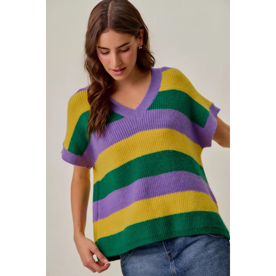 SO ME Mardi Gras Loose Fit V Neck Stripe Sweater Top Apparel and Accessories