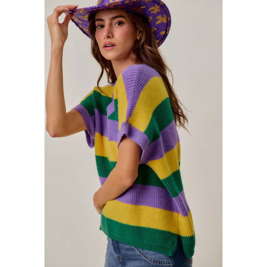 SO ME Mardi Gras Loose Fit V Neck Stripe Sweater Top Apparel and Accessories
