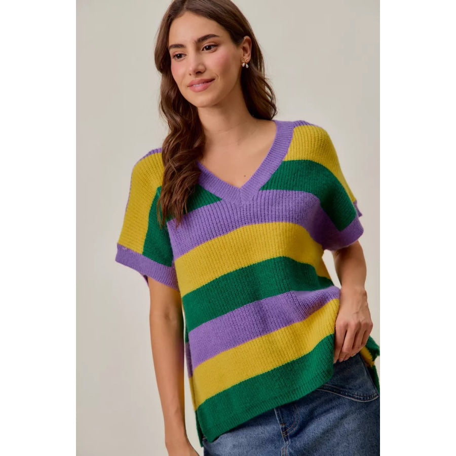 SO ME Mardi Gras Loose Fit V Neck Stripe Sweater Top Apparel and Accessories