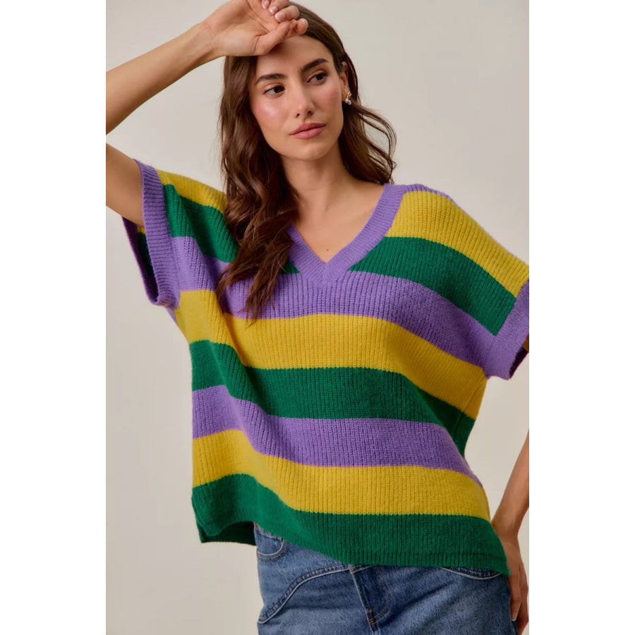 SO ME Mardi Gras Loose Fit V Neck Stripe Sweater Top Apparel and Accessories