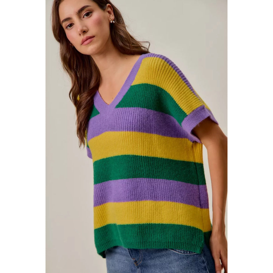 SO ME Mardi Gras Loose Fit V Neck Stripe Sweater Top Apparel and Accessories