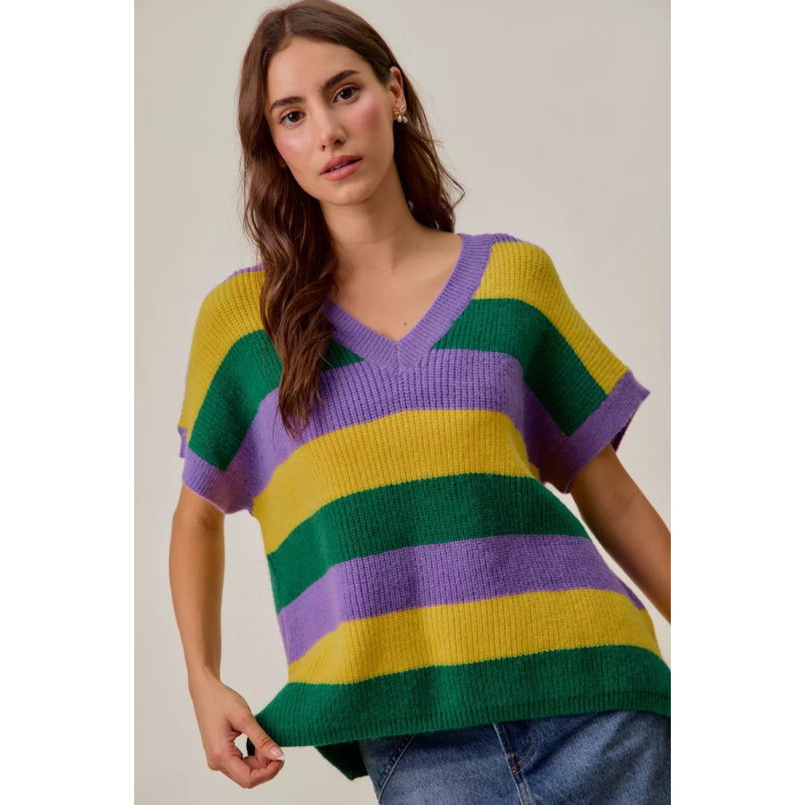 SO ME Mardi Gras Loose Fit V Neck Stripe Sweater Top PURPLE/MUSTARD/GREEN / S Apparel and Accessories