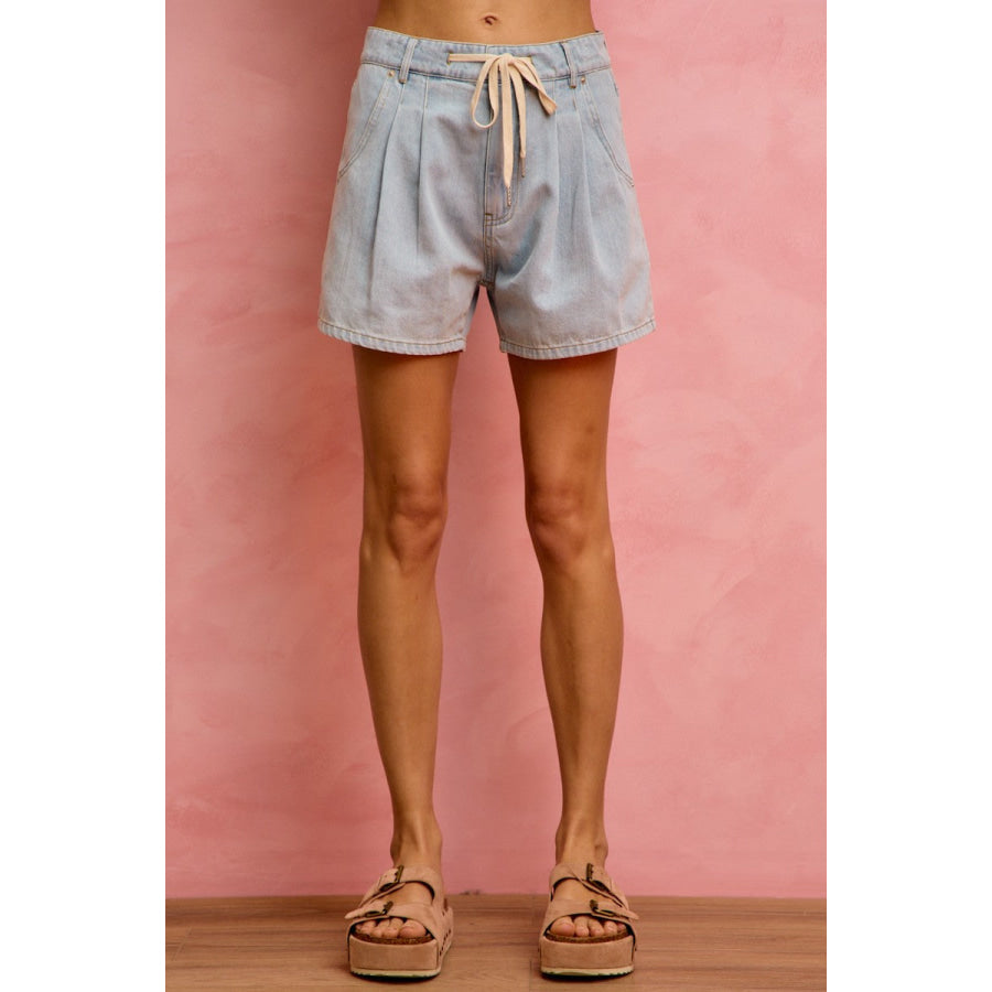 SO ME Mid Rise Denim Shorts With Cotton Tape Drawstring Apparel and Accessories