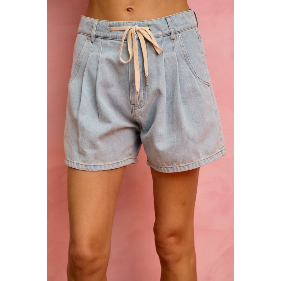 SO ME Mid Rise Denim Shorts With Cotton Tape Drawstring LIGHT DENIM / S Apparel and Accessories