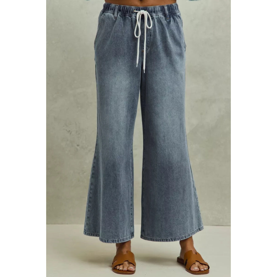 SO ME Mid Rise Elastic Waist Flare Denim Jeans DENIM / S Apparel and Accessories