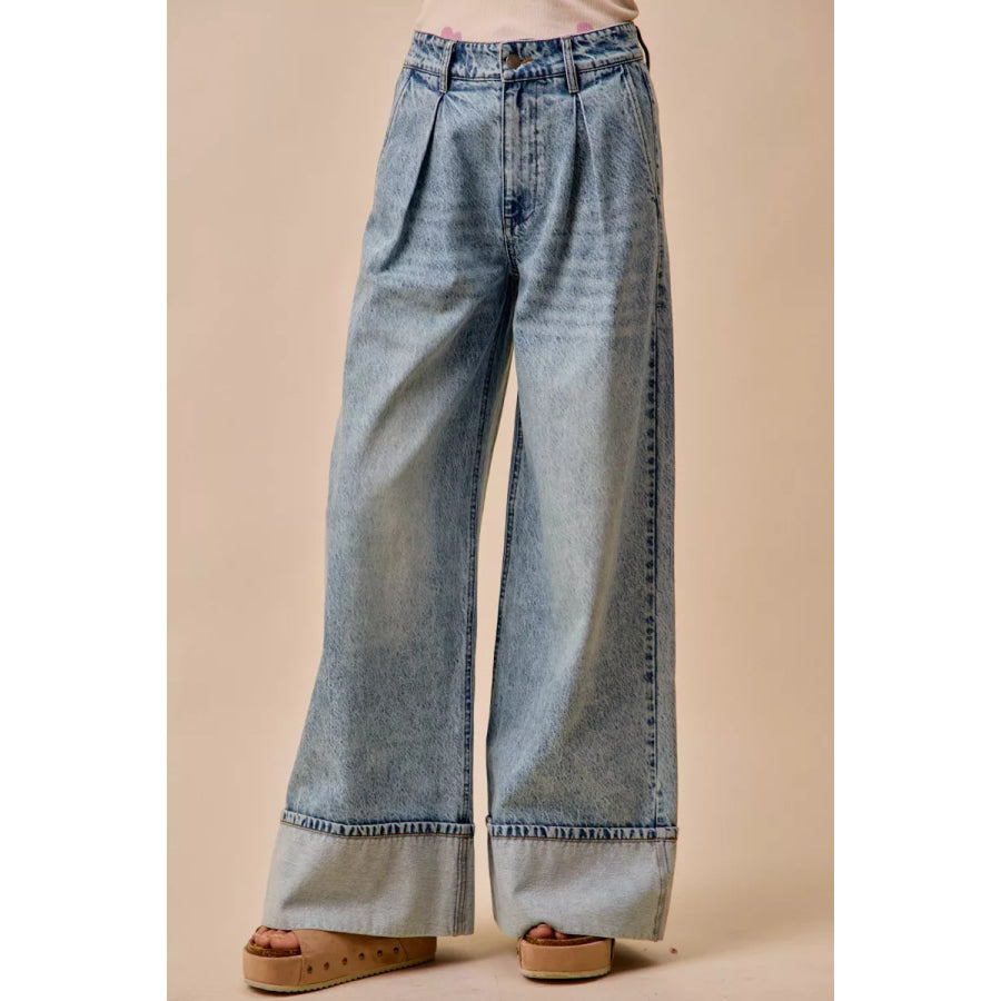SO ME Mid Rise Plated Wid Leg Denim Jean Apparel and Accessories