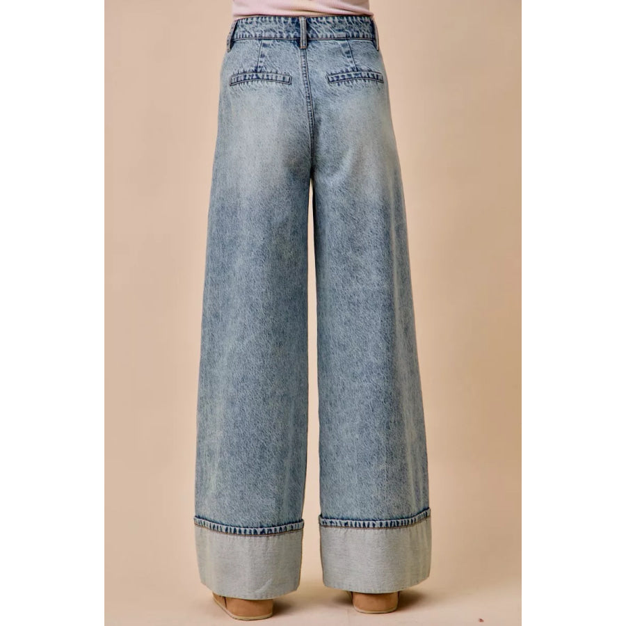 SO ME Mid Rise Plated Wid Leg Denim Jean Apparel and Accessories