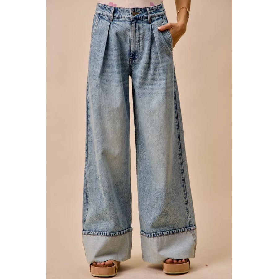 SO ME Mid Rise Plated Wid Leg Denim Jean DENIM / S Apparel and Accessories