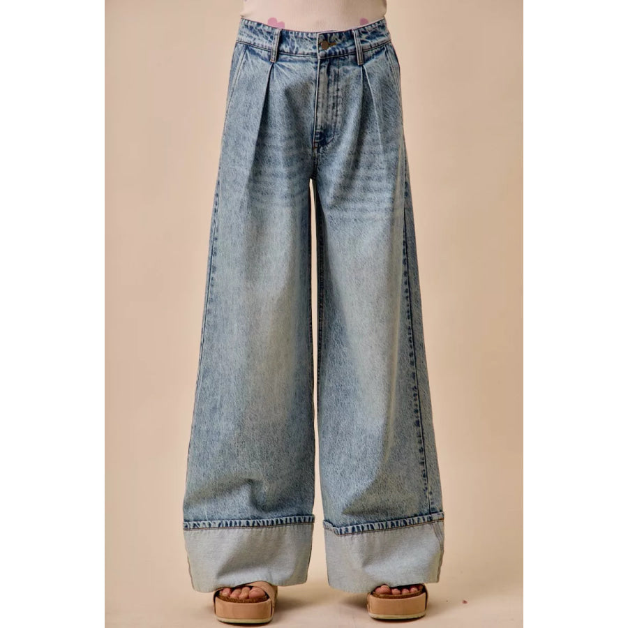 SO ME Mid Rise Plated Wid Leg Denim Jean DENIM / S Apparel and Accessories