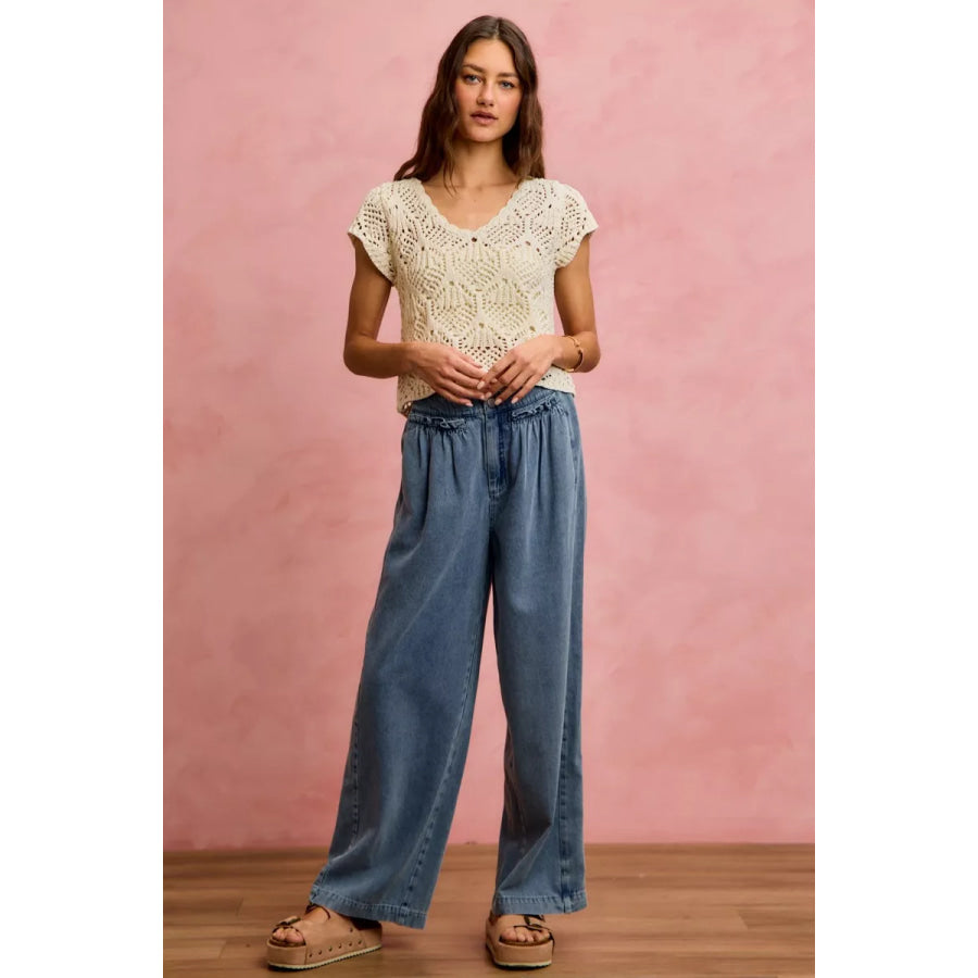 SO ME Mid Rise Ruffled Front Elastic Wide Leg Jeans Apparel and Accessories