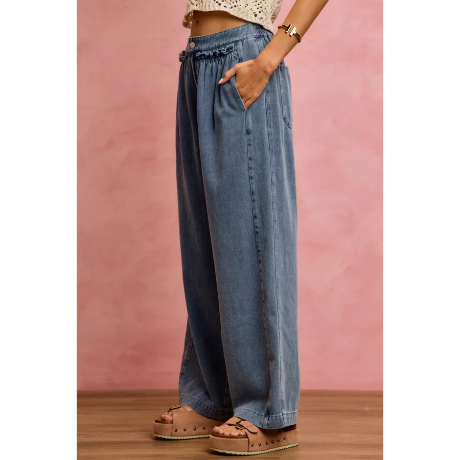 SO ME Mid Rise Ruffled Front Elastic Wide Leg Jeans Apparel and Accessories